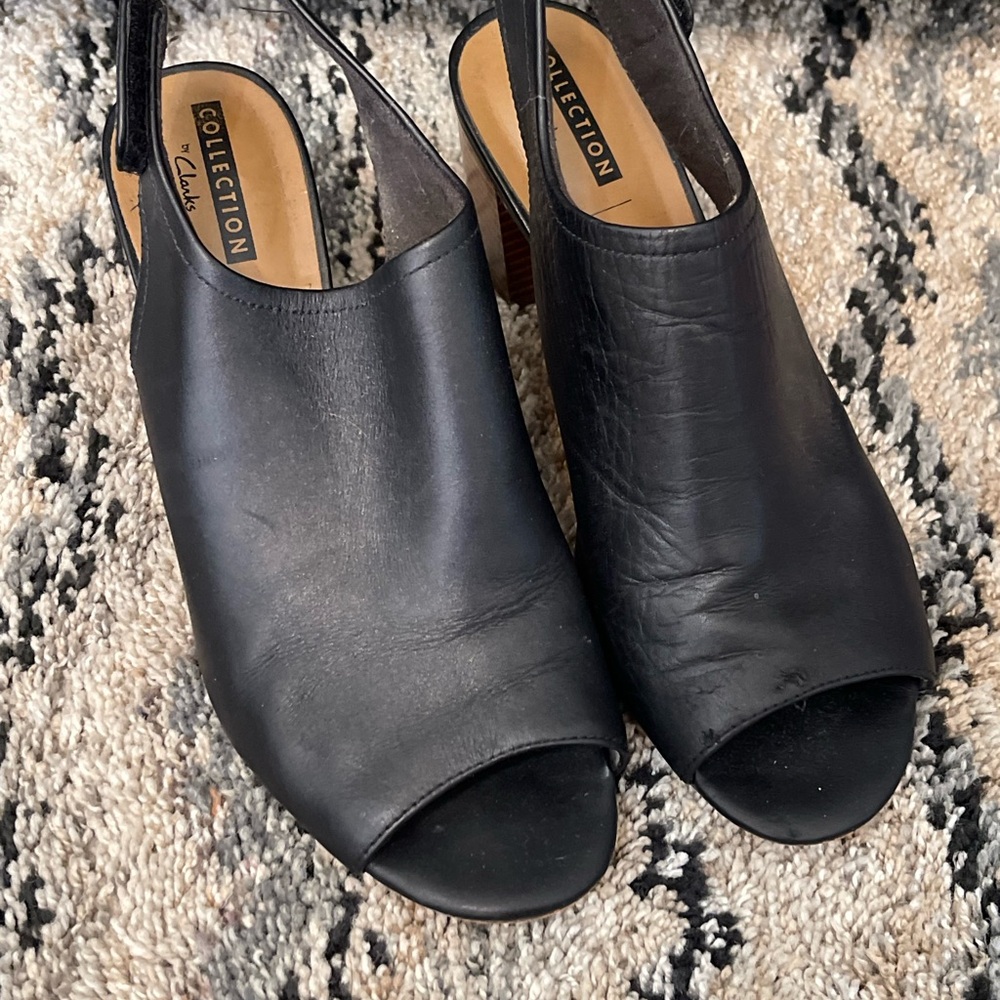Clarks Black Leather Peep-Toe Mules